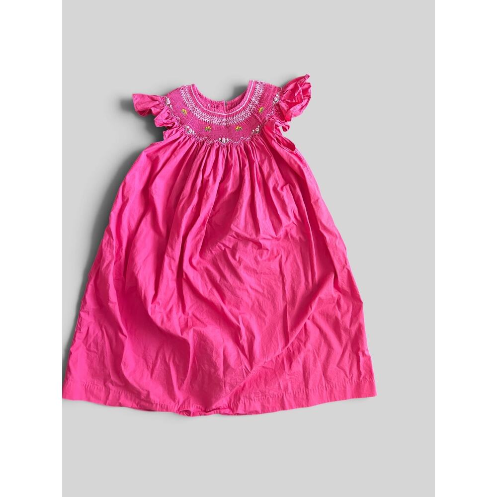 Size 6- Mom & Me Girls Pink Embroidered Yellow and Pink Flowers Smocked Dress